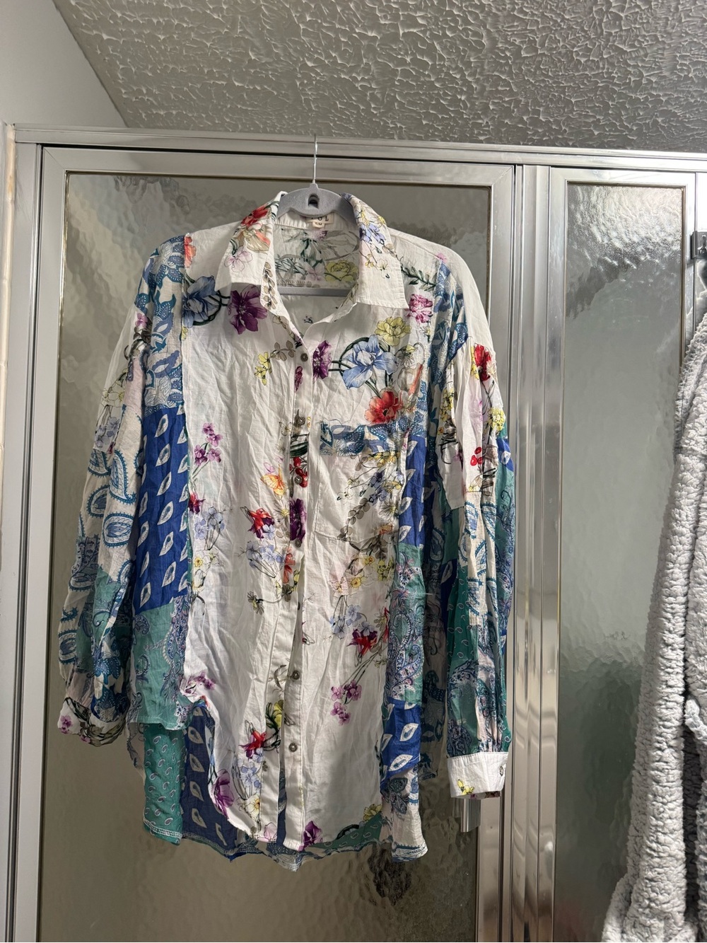 POL Women's Patchwork Floral Button-Down Shirt in White, Blue, Green, Purple